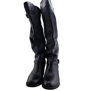 Steve Madden Womens Black Leather Heeled Riding Boots 7.5M Buckle Zip Tall Boot